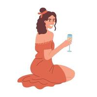 un' bellissimo ragazza è occupazione potabile Champagne. femmina alcolismo a un' picnic. estate vacanze vettore