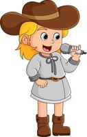 il carino ragazza è cantando un' nazione canzone mentre indossare un' cowboy cappello vettore
