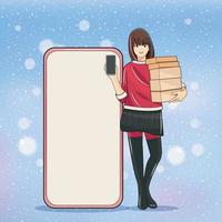 pubblicità Natale concetto. giovane ragazza hold pila cartone scatole e Telefono con grande cellula Telefono accanto sua vettore illustrazione professionista Scarica