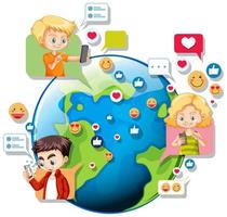 bambini con elementi di social media sul globo terrestre vettore