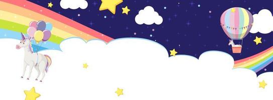 nuvola vuota con unicorno in arcobaleno e mongolfiera vettore
