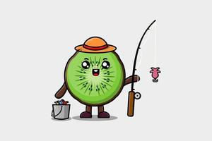 carino cartone animato Kiwi frutta pronto pesca personaggio vettore