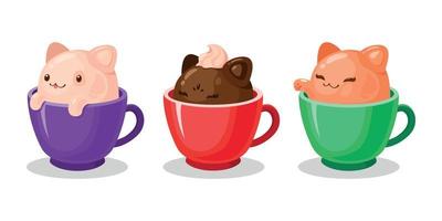 tazze con un' dolce gattini - crema, cioccolato e caramello dolce. vettore semplice cartone animato illustrazione. design per caffè case, manifesti, adesivi, striscioni, cartolina
