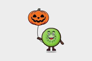 cartone animato Kiwi frutta galleggiante con zucca Halloween vettore