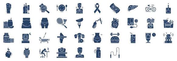 collezione di icone relazionato per obesità, Compreso icone piace birra, alcol, artrite, abbuffata e di più. vettore illustrazioni, pixel Perfetto impostato