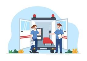 medico veicolo ambulanza auto o emergenza servizio per raccogliere su paziente il ferito nel un incidente nel piatto cartone animato mano disegnato modelli illustrazione vettore