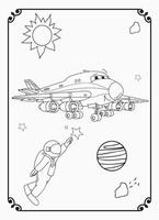 carino divertente e contento aereo con spazio e galassia colorazione pagina per bambini vettore