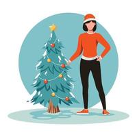 bellissimo inverno ragazza con un' Natale albero. personaggio illustrazione vettore