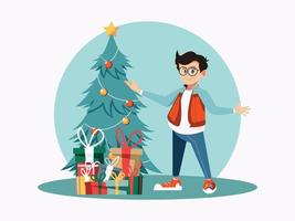 Natale ragazzo vettore personaggio illustrazione con Natale albero e presente scatola