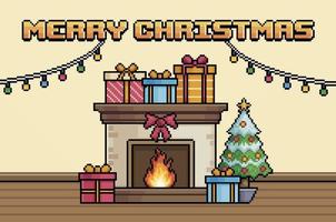 pixel arte Natale sfondo con allegro Natale testo, il camino, Natale albero e decorazione vettore per 8 bit gioco