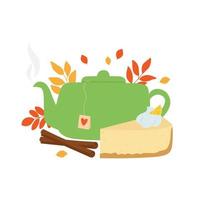 verde teiera, torta di formaggio, cannella bastoni e autunno le foglie. modello per accogliente autunno design. vettore
