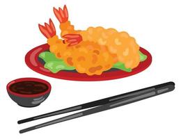 tempura giapponese fritte gamberetto su piatto e soia sous. mano disegnato vettore illustrazione. adatto per sito web, adesivi, menù.