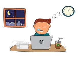bambini disegno vettore illustrazione di assonnato ufficio lavoratore Lavorando col tempo nel un' cartone animato stile