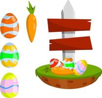 celebrazione di Pasqua. impostato di colorato dipinto uova e carota. cristiano vacanza. elemento di bambino gioco. cartone animato piatto illustrazione. piatto per scoperta oggetti. cartello pointer per itinerario vettore