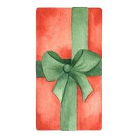 regali. bellissimo rosso regalo scatola con verde arco. acquerello mano disegnato illustrazione. Natale regalo scatola con arco coperto con decorativo carta. isolato vettore