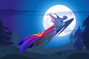 supereroe pipistrello volante a notte cielo con pieno Luna vettore