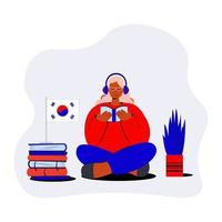 persone apprendimento coreano linguaggio vettore illustrazione. Corea distanza formazione scolastica, in linea apprendimento corsi concetto. studenti lettura libri cartone animato personaggi. insegnamento straniero le lingue