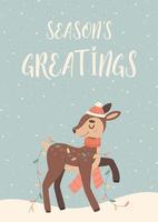 contento Natale saluto carta con carino cartone animato cervo personaggio vettore