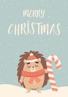 contento Natale saluto carta con carino cartone animato riccio personaggio vettore