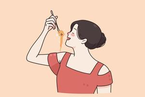 italiano cucina e gustoso mangiare concetto. giovane sorridente donna cartone animato personaggio nel rosso vestito in piedi Tenere forchetta con spaghetti mangiare pasta vettore illustrazione