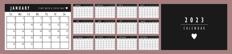 2023 calendario progettista modello con citazioni. il settimana inizia su domenica. nero parete o scrivania calendario. impostato di 12 mesi vettore