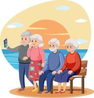 gruppo di anziano i viaggiatori con tramonto sfondo vettore