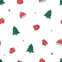 senza soluzione di continuità scarabocchio modello elementi di Natale elementi caldo cioccolato, inverno caldo Abiti, sciarpa e cappello, guanti, Natale albero. vettore