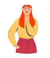 un' giovane bellissimo rosso dai capelli donna medita il domanda e detiene sua mento. nel un' giallo manica lunga e rosso i pantaloni. vettore illustrazione piatto isolato bianca sfondo