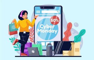 cyber lunedì shopping online su smart phone vettore