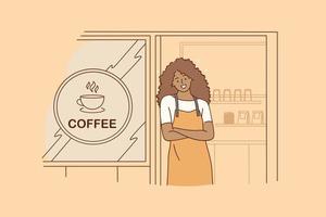 barista durante opera concetto. giovane sorridente nero donna barista cartone animato personaggio Lavorando a caffetteria in piedi e sorridente guardare a telecamera in attesa per clienti vettore illustrazione
