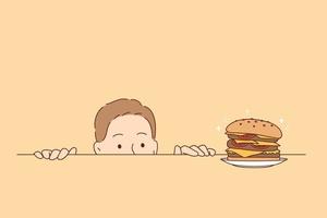 mangiare troppo, nutrizione, fame concetto. divertente Affamato uomo cartone animato personaggio guardare a gustoso hamburger su tavolo sforzandosi per mangiare esso tutti vettore illustrazione