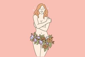 femmina corpo bellezza concetto. bellissimo nudo giovane sorridente ragazza con fiori su intimo posti su fianchi senso ginecologia e biancheria intima, gioventù e freschezza vettore illustrazione