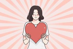 amore, san valentino giorno e cuore concetto. giovane positivo femmina cartone animato personaggio in piedi Tenere grande rosso cuore nel mani vettore illustrazione