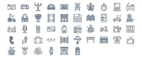collezione di icone relazionato per retrò stile 80c oggetti, Compreso icone piace camera, camper furgone, macchina, orologio e di più. vettore illustrazioni, pixel Perfetto impostato