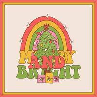 Groovy hippie Natale saluto carta modello. Natale albero nel di moda retrò cartone animato stile. Groovy e luminosa testo per manifesto, Stampa, festa invito. contorno vettore illustrazione.