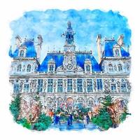 Hotel de ville de Parigi acquerello schizzo mano disegnato illustrazione vettore