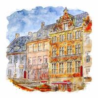 illustrazione disegnata a mano di schizzo dell'acquerello di copenhagen danimarca vettore