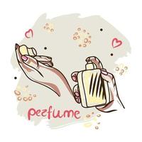 profumo bottiglia nel mani, mano disegnato, cosmetico accessorio, odore, scarabocchio vettore