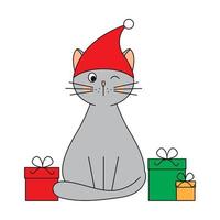 gatto con i regali. carino animale domestico con Santa cappello seduta vicino regalo scatole. cartone animato carattere. vettore illustrazione. piatto stile