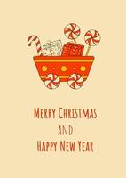 rosso carro con i regali e dolci allegro Natale e contento nuovo anno saluto carta o sfondo nel retrò stile vettore