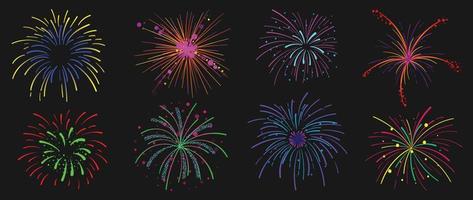 impostato di nuovo anno fuoco d'artificio vettore illustrazione. collezione di splendore vivace colorato fuochi d'artificio su nero sfondo. arte design adatto per decorazione, Stampa, manifesto, striscione, sfondo, carta, coperchio.