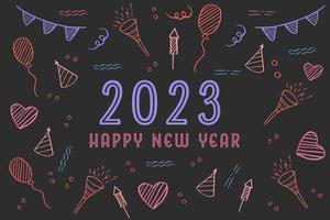 contento nuovo anno 2023 piatto design con Palloncino, tromba, amore, e fuochi d'artificio mano disegnato vettore