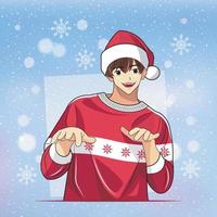 freddo giovane ragazzo indossare Babbo Natale natale maglione in posa nel freddo stile vettore illustrazione professionista Scarica