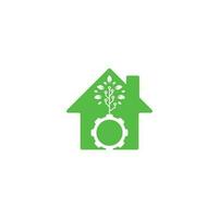 Ingranaggio foglia casa forma concetto vettore logo design. verde eco energia, tecnologia e industria.