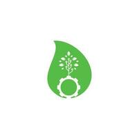 Ingranaggio foglia far cadere forma concetto vettore logo design. verde eco energia, tecnologia e industria.