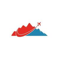 aereo e montagna vettore logo design. viaggio logo design. aereo con montagna logo