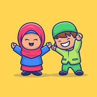 ragazza e ragazzo musulmano festeggiare eid mubarak cartone animato vettore icona illustrazione. persone religione icona concetto isolato premio vettore. piatto cartone animato stile