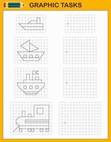 grafico compiti. educativo gioco per prescolastico bambini. fogli di lavoro per praticante logica e il motore abilità. gioco per bambini. grafico compiti con diverso oggetti e elementi. vettore illustrazione