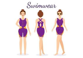 costumi da bagno con diverso disegni di bikini e costumi da bagno per donne a il estate spiaggia nel piatto stile cartone animato mano disegnato modelli illustrazione vettore