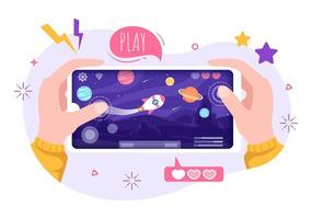 video gioco con bambini giocando gamepad controllori combattente consolle su androide mobile computer nel piatto cartone animato mano disegnato modello illustrazione vettore